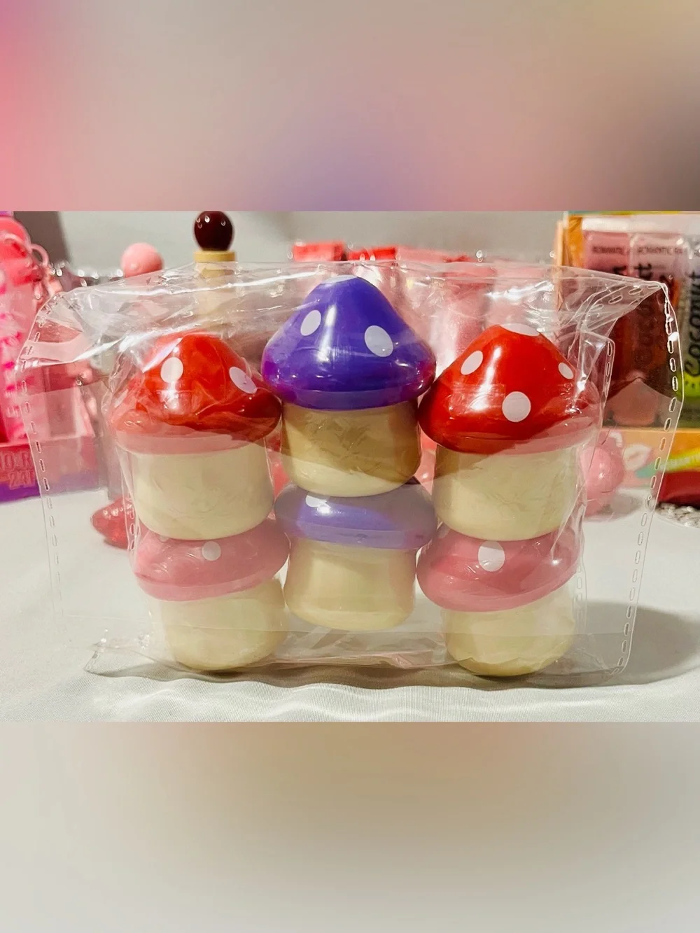 6 Pack- Colorful Mushroom Stackable Lip Balm - Red, Purple & Pink